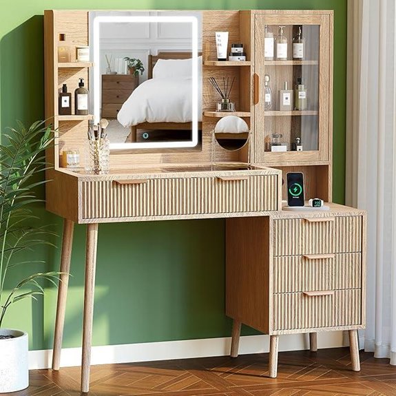 Fluted Vanity Desk with Mirror Lights & Storage
