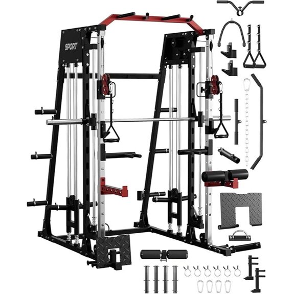 Red & Black Smith Machine Cage with Lat & Crossover