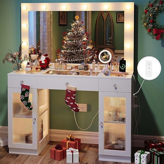 Vanity Desk with Lights Mirror Power Outlet White