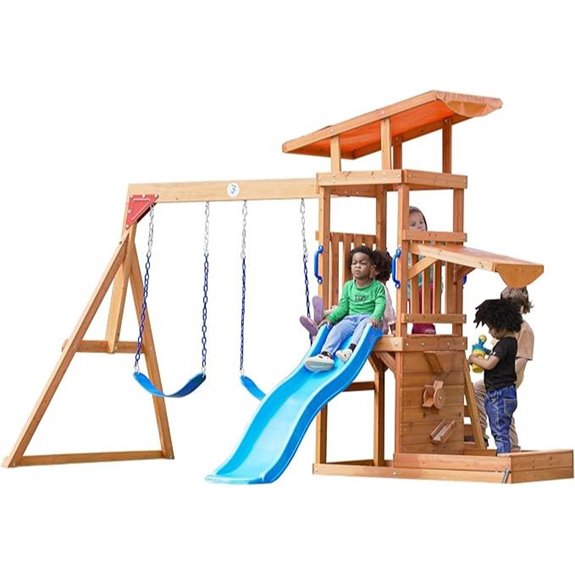 Dolphin Outdoor Wooden Swing Set with Slide and Climbing